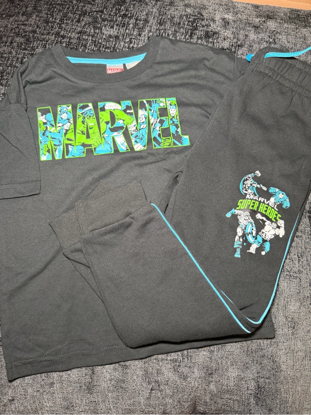 Marvel Black Pajama Set with Green & Teal Superhero Print